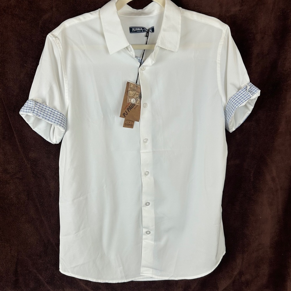 NWT PJ PAUL JONES Mens Short Sleeve Button Down Shirt White Contrast Cuff Size S